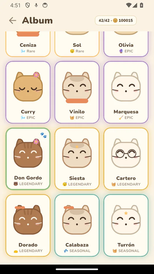 The Snoozy Cats album, with all 42 hand-drawn cats grouped by rarity.