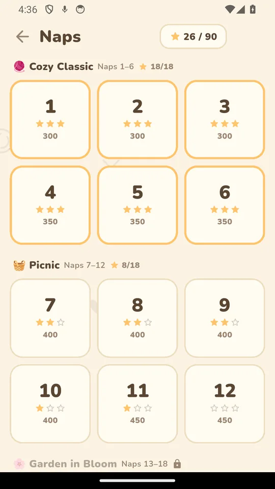 The map of the 30 Naps, showing the stars earned on each level.