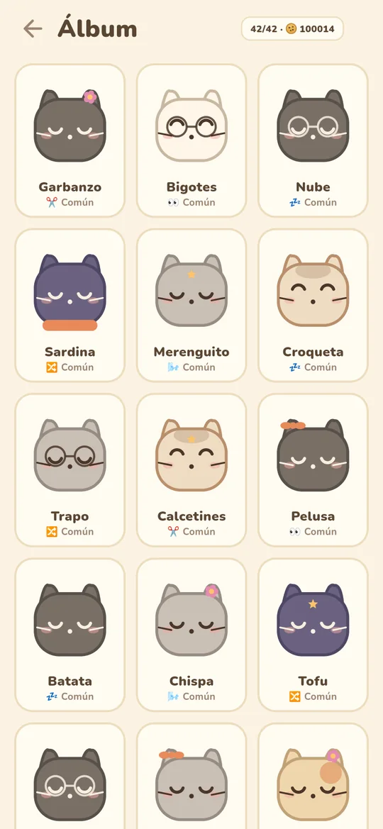 El álbum de Snoozy Cats, con los 42 gatos dibujados a mano y agrupados por rareza.