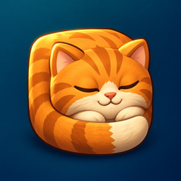 Snoozy Cats icon: an orange tabby asleep, curled into a rounded block.